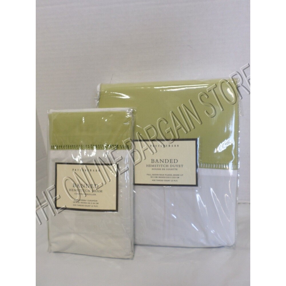Pottery Barn Banded Hemstitch Bed Duvet Cover Full Queen FQ 2 Shams Euro Green